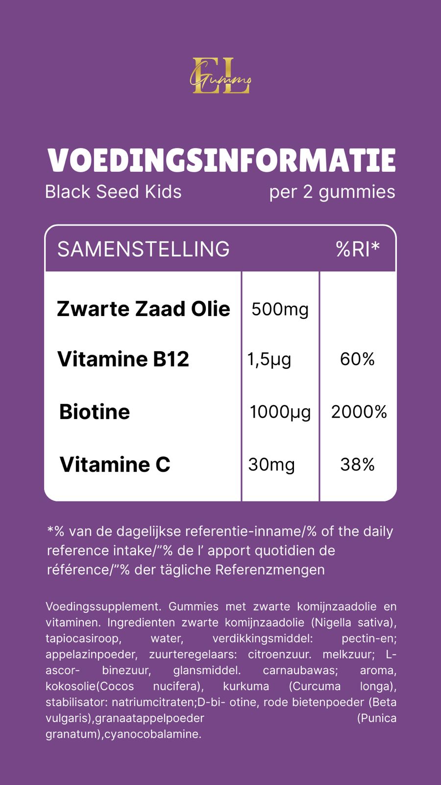 Voedingstabel Zwarte zaad gummies kinderen